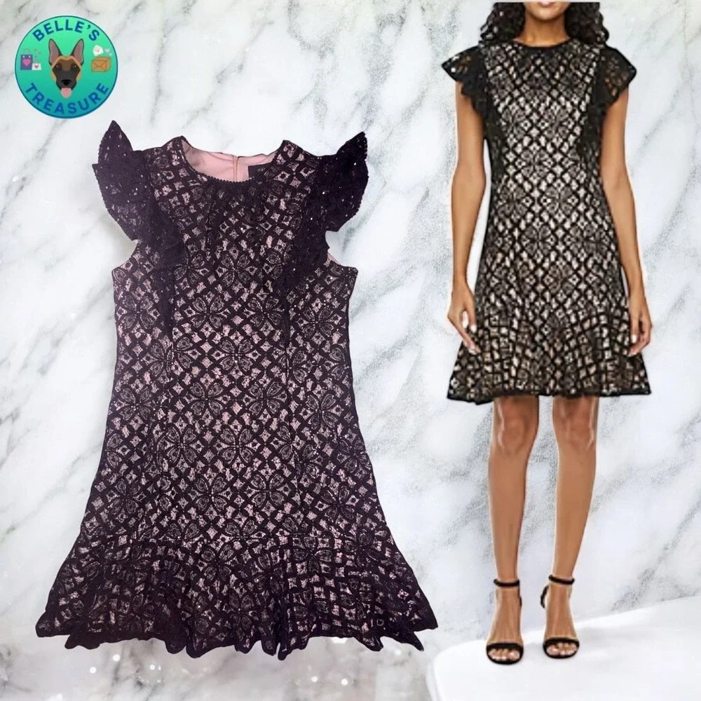 Maia Dress Womens 14 Black Beige‎ Lace Sequin Flutter Sleeve Hoco Formal Banquet
